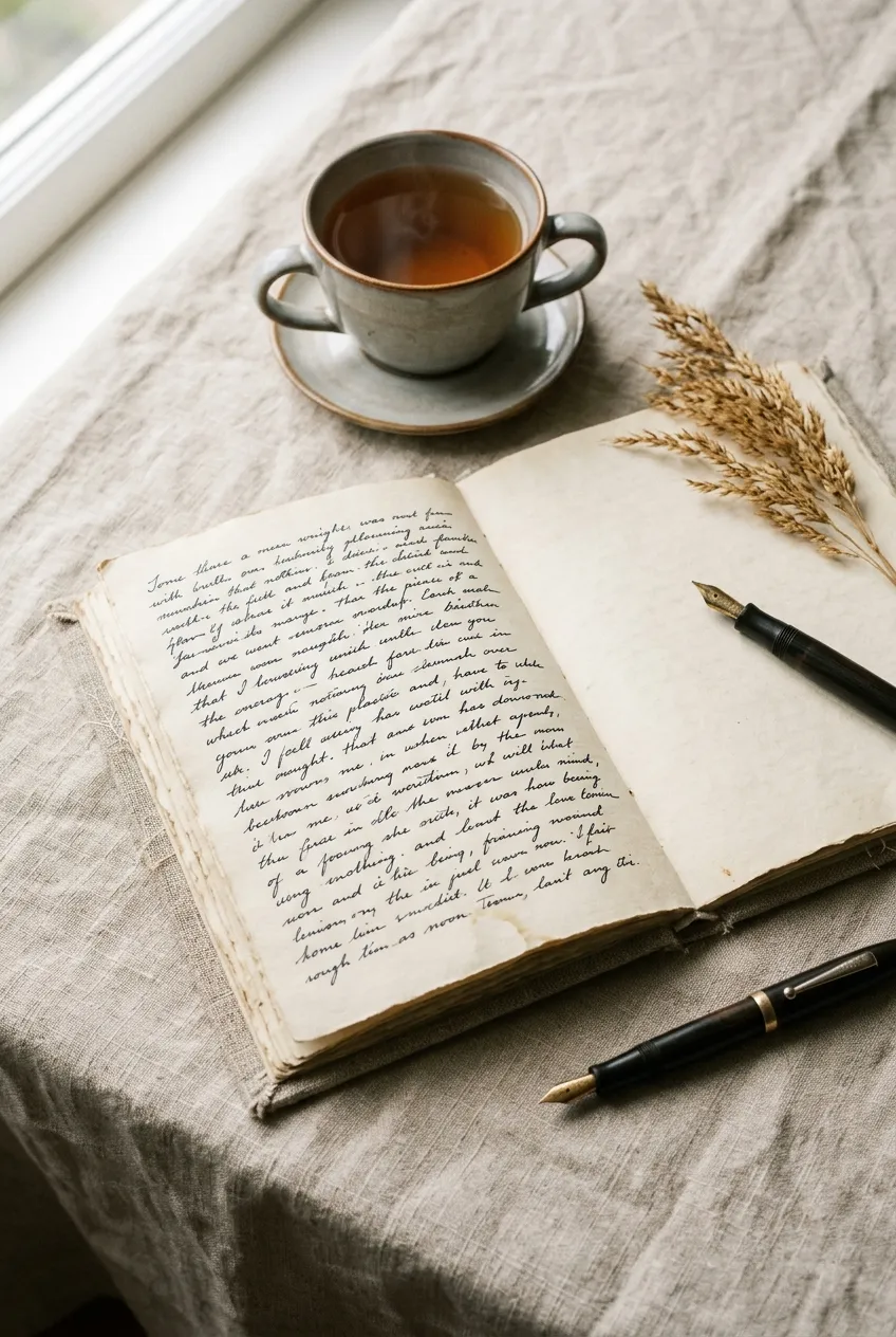 An open notebook, pen and cup of tea on a linen tablecloth